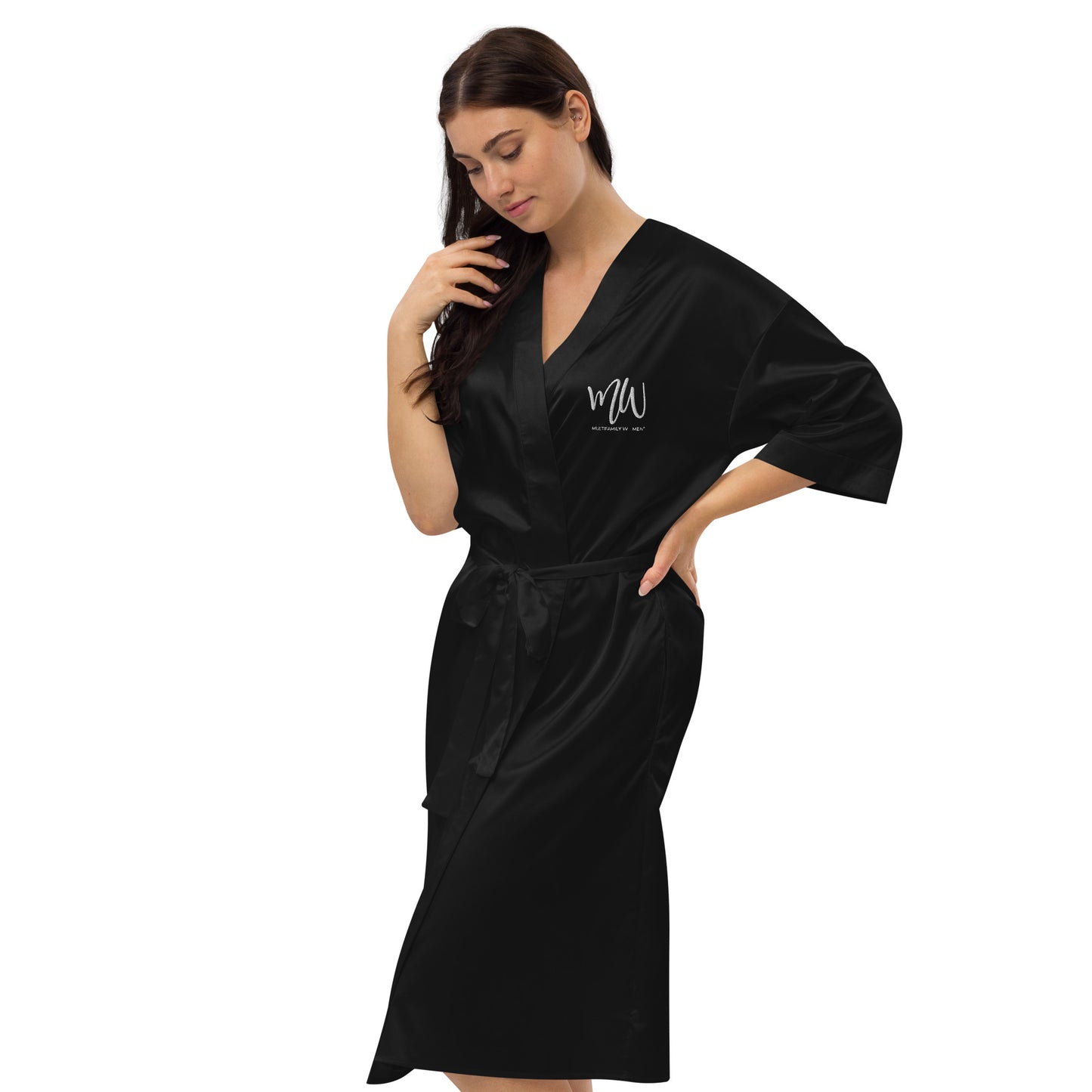 The Nightingale - Black Satin Robe with White Logo by Multifamily Women®