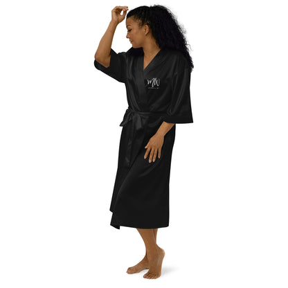 The Nightingale - Black Satin Robe with White Logo by Multifamily Women®
